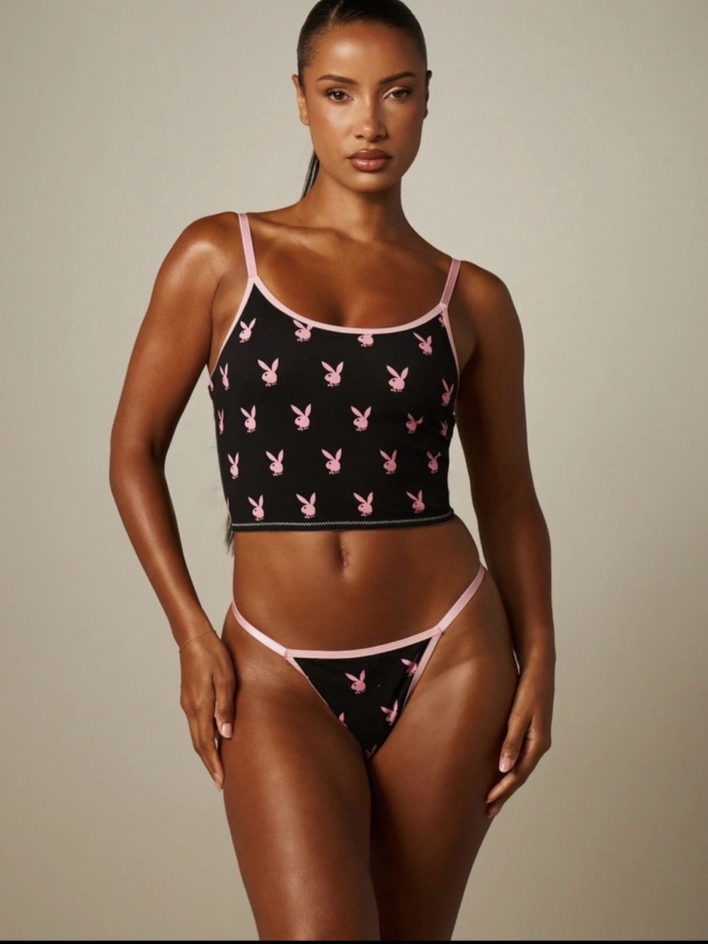 PLAYBOY Black & Pink Bunny-Print Bandeau Cami Set